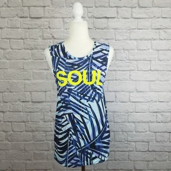 Soulcycle blue palm leaf print SOUL sleeveless active top women's size Small - Picture 2 of 9